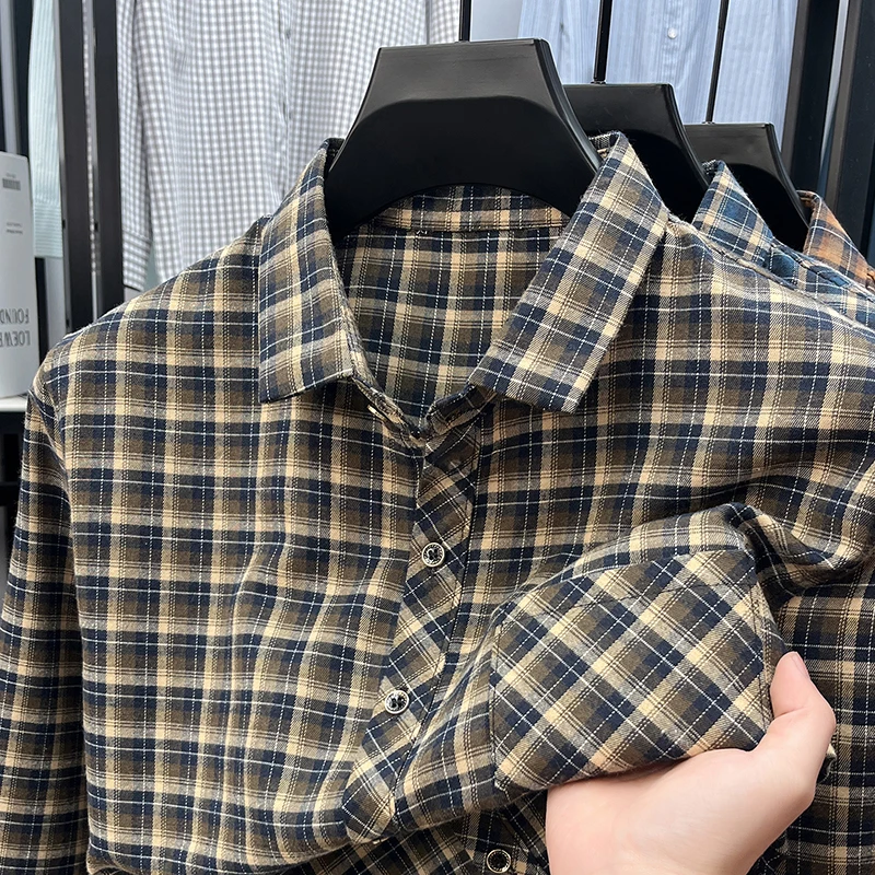 Flannel Shirt Lined - Men's Lapel Collar Plaid Shirt Long